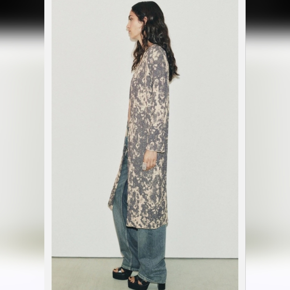 Zara Limited Edition Jaquard Knit Duster Coat Size Small Gold/ Grey,Blue - Picture 5 of 14